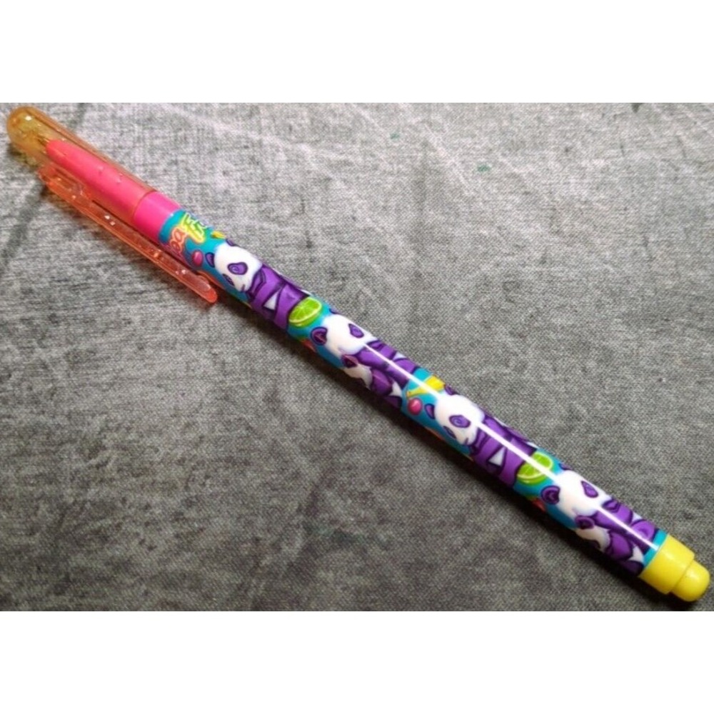Lisa Frank Pen Vtg Purple Panda Fruit. Blue Ink. Pink Glitter Cap READ Green Ylw